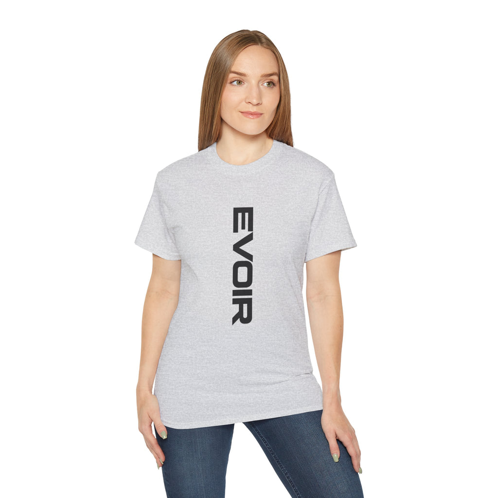 Vertical 'EVOIR' Logo Tee — Minimalist Graphic Cotton T-Shirt
