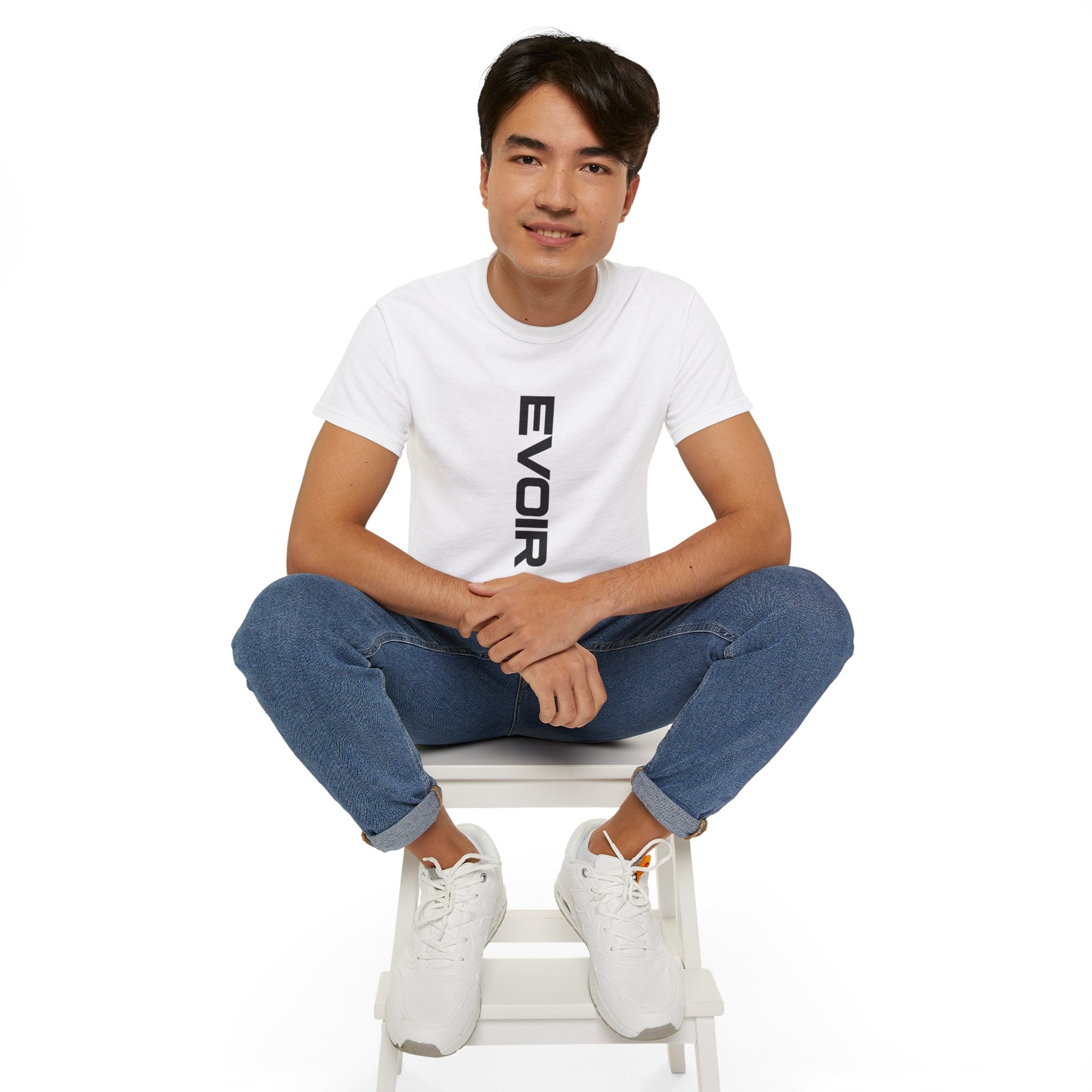 Vertical 'EVOIR' Logo Tee — Minimalist Graphic Cotton T-Shirt