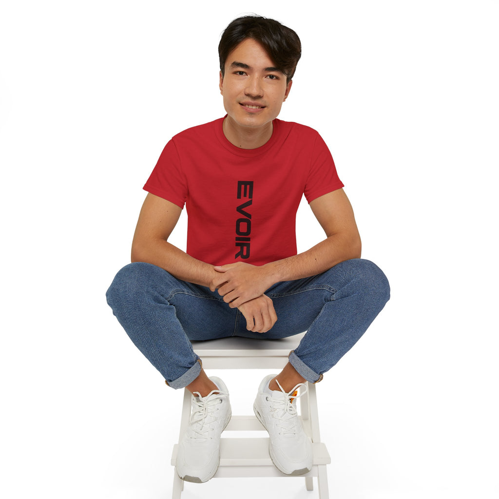 Vertical 'EVOIR' Logo Tee — Minimalist Graphic Cotton T-Shirt