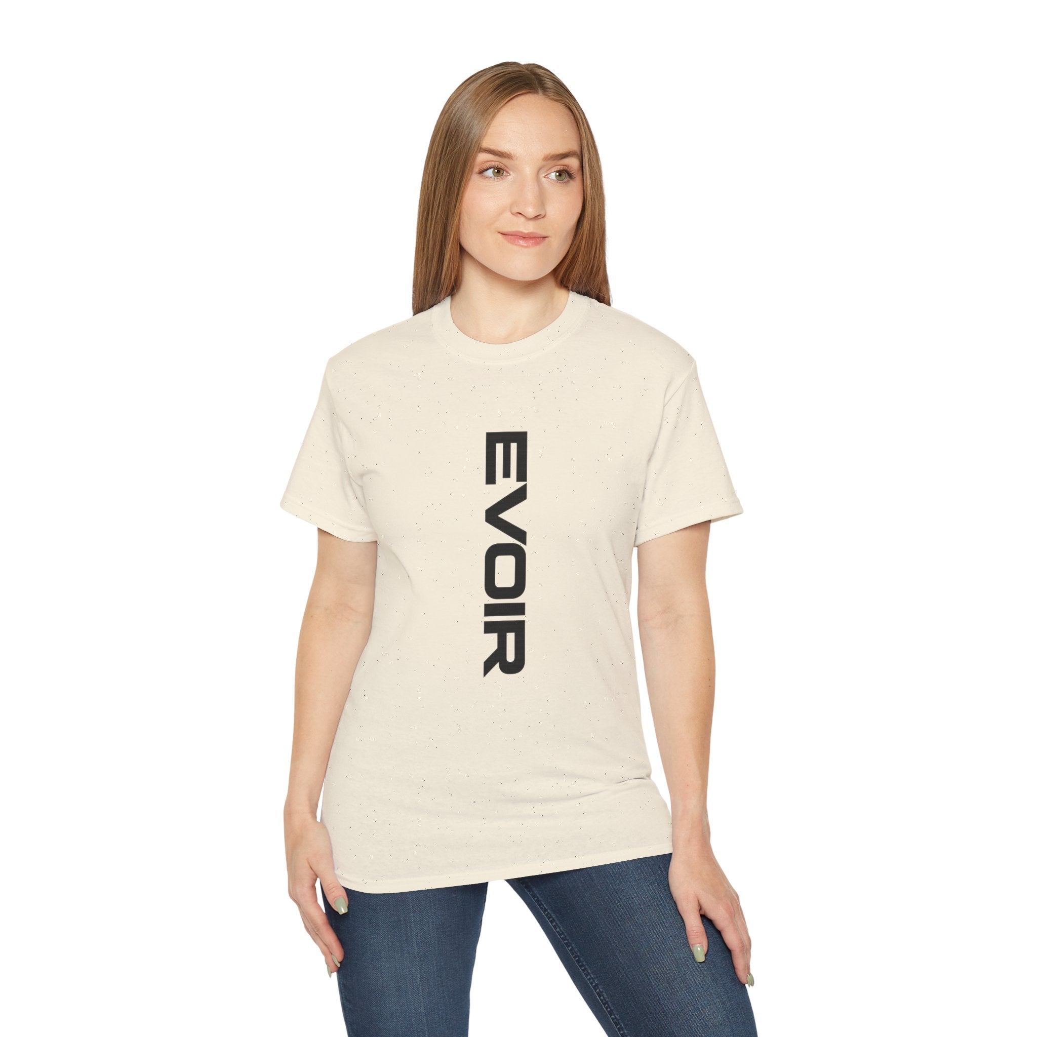Vertical 'EVOIR' Logo Tee — Minimalist Graphic Cotton T-Shirt