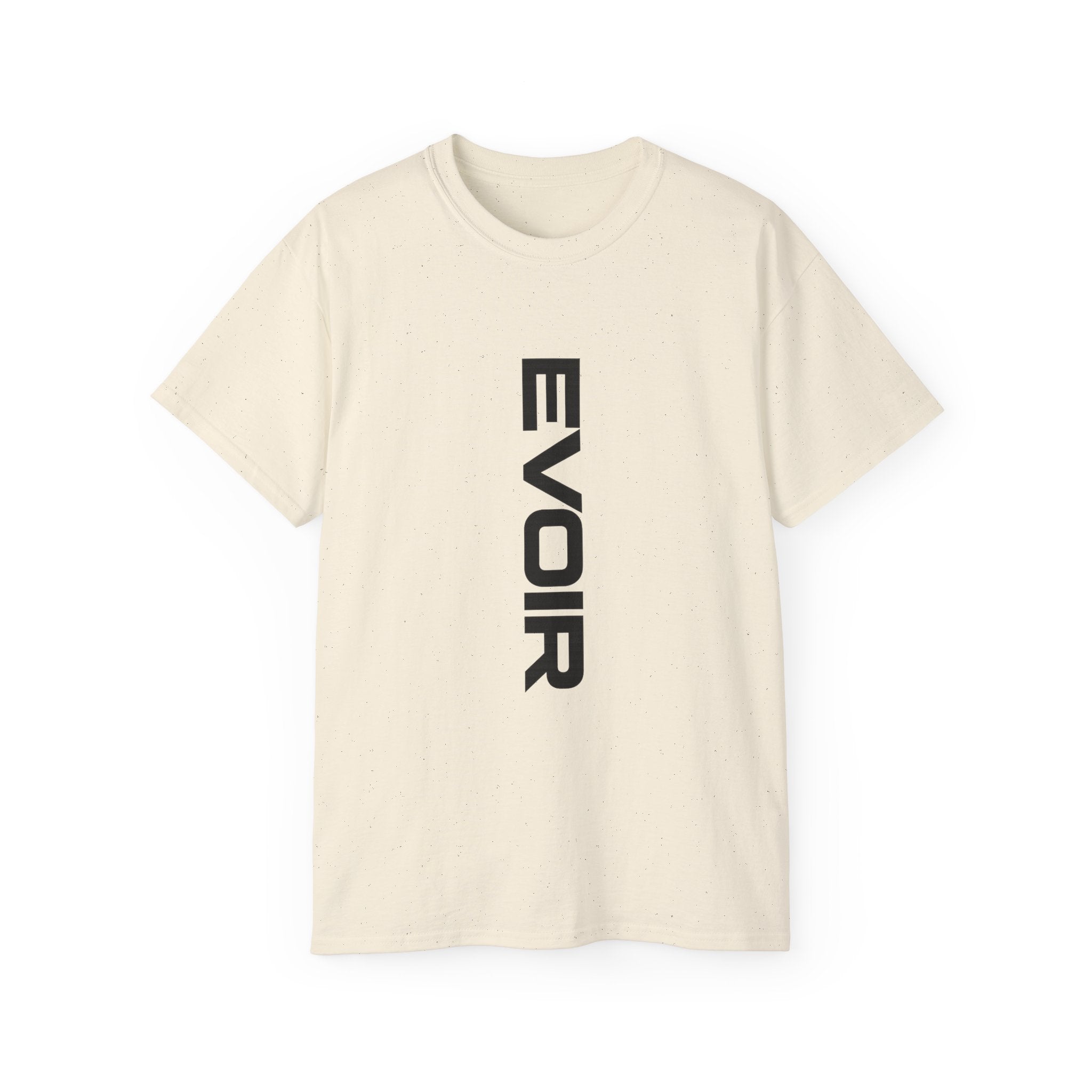 Vertical 'EVOIR' Logo Tee — Minimalist Graphic Cotton T-Shirt