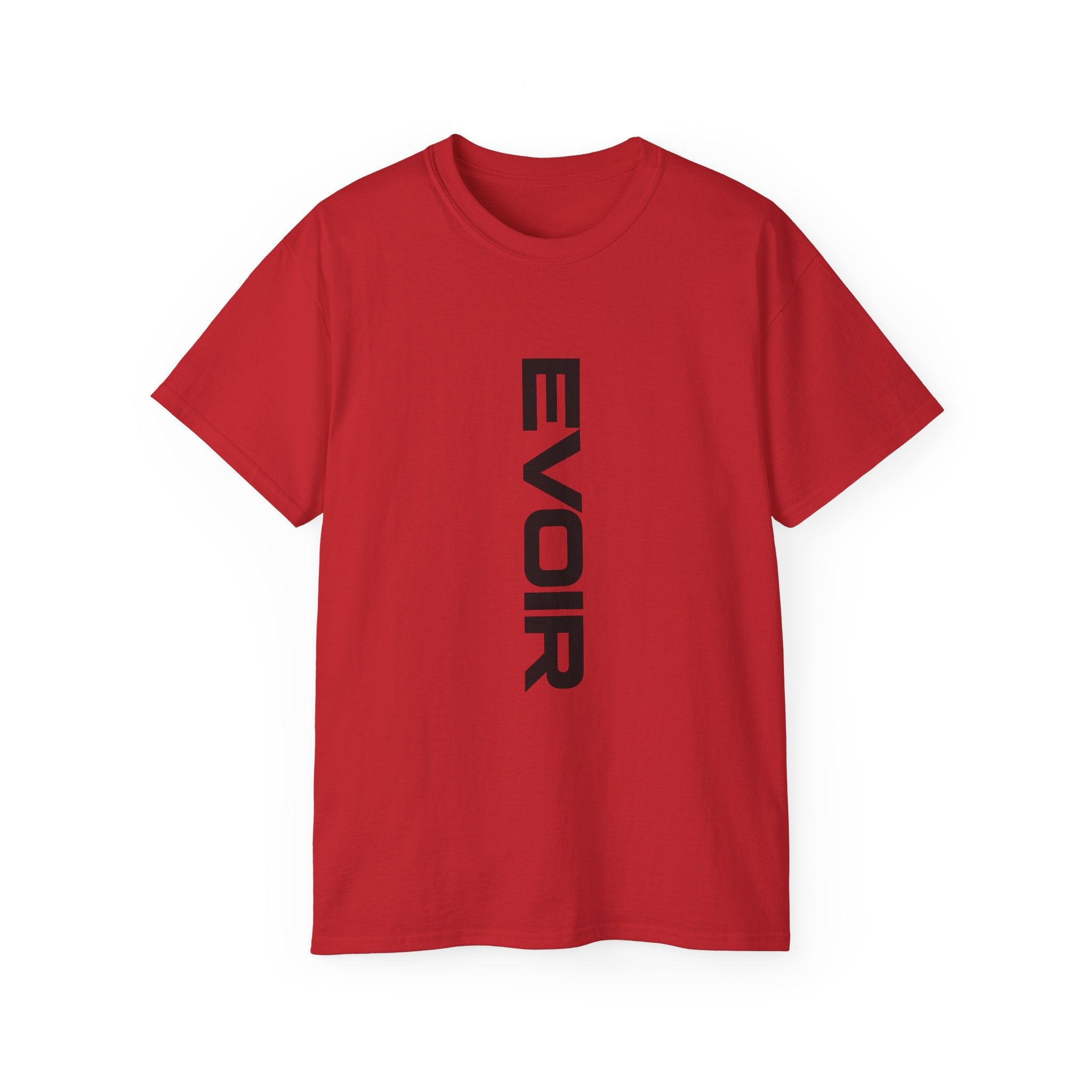 Vertical 'EVOIR' Logo Tee — Minimalist Graphic Cotton T-Shirt
