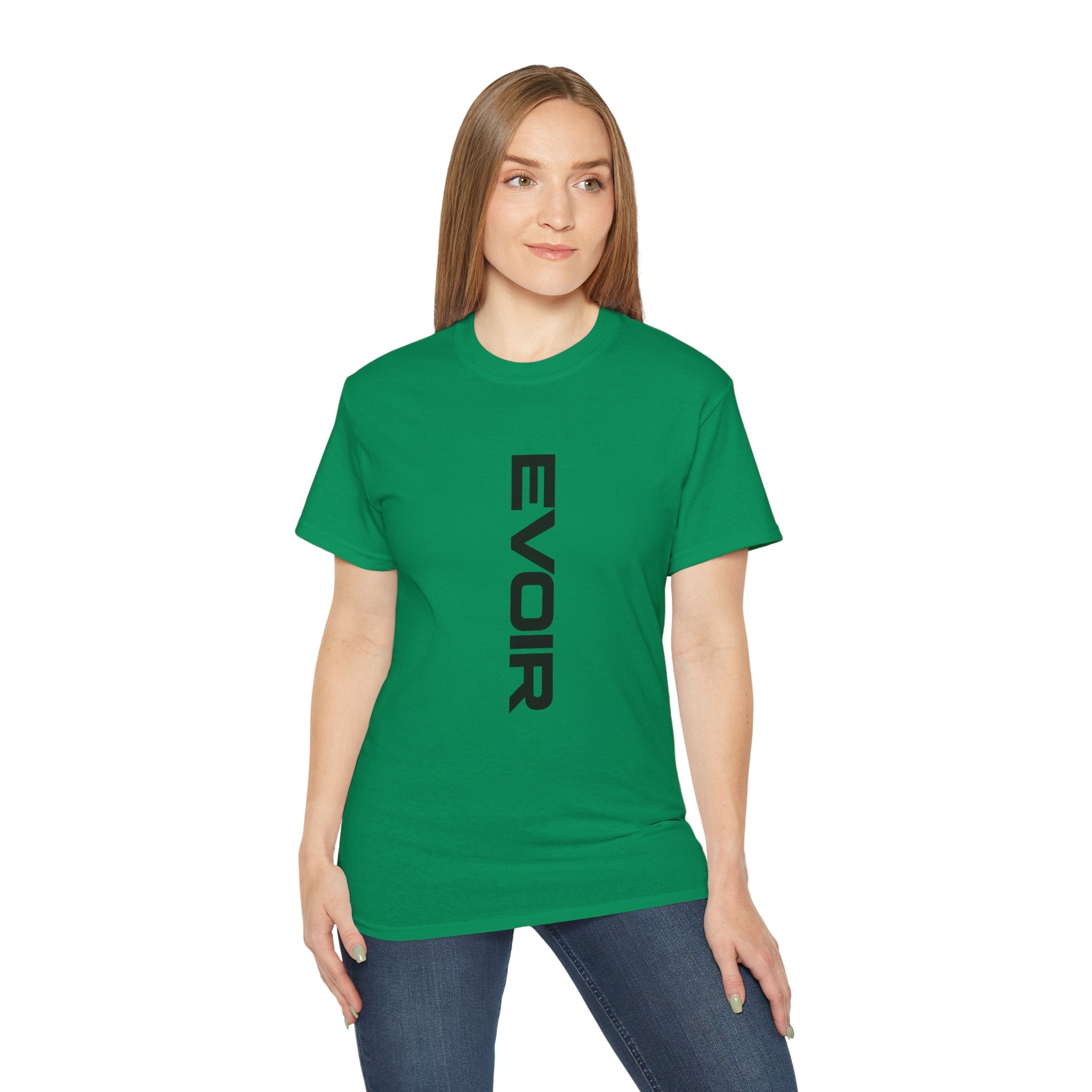 Vertical 'EVOIR' Logo Tee — Minimalist Graphic Cotton T-Shirt