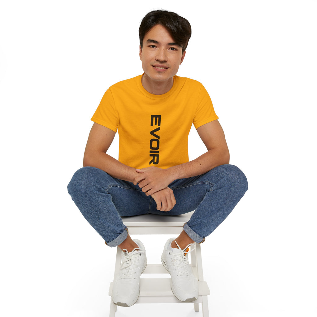 Vertical 'EVOIR' Logo Tee — Minimalist Graphic Cotton T-Shirt