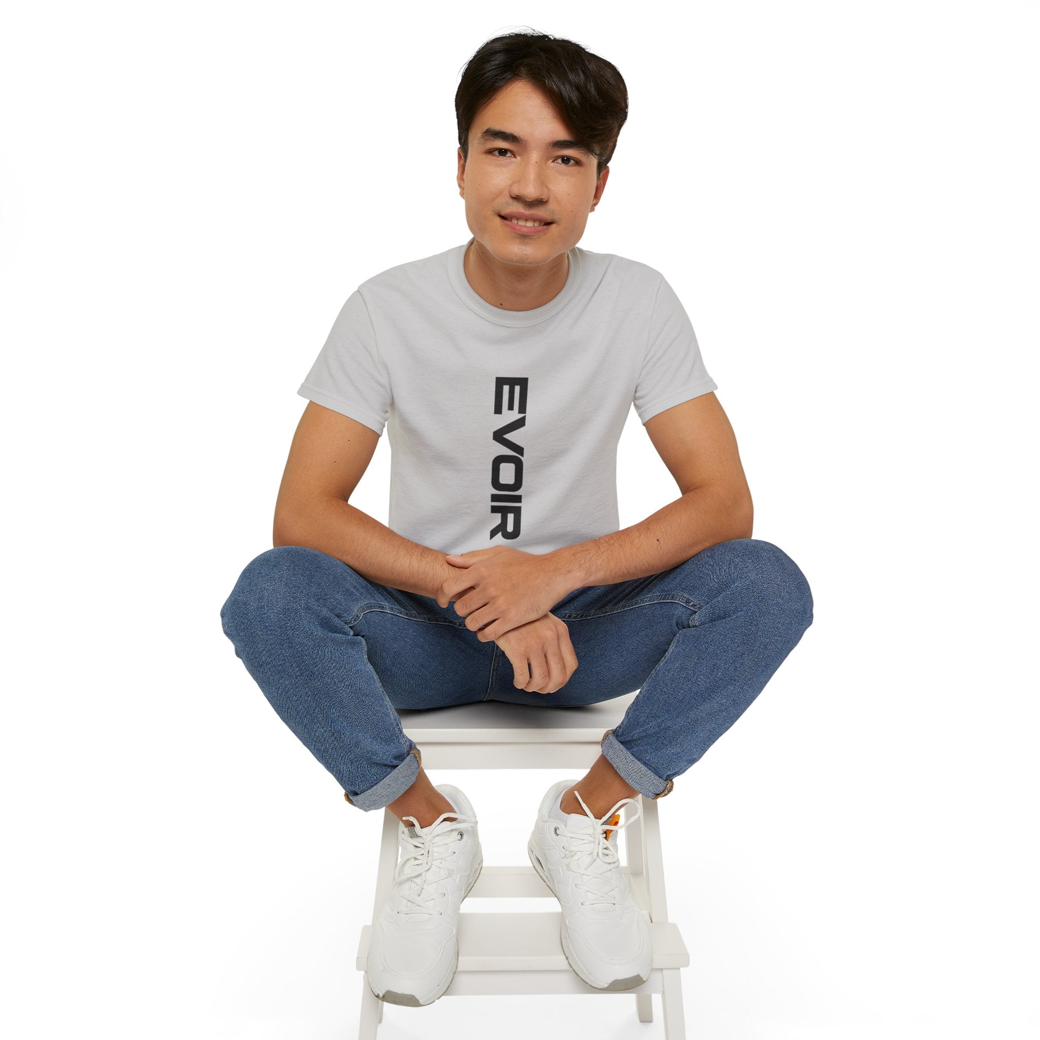 Vertical 'EVOIR' Logo Tee — Minimalist Graphic Cotton T-Shirt