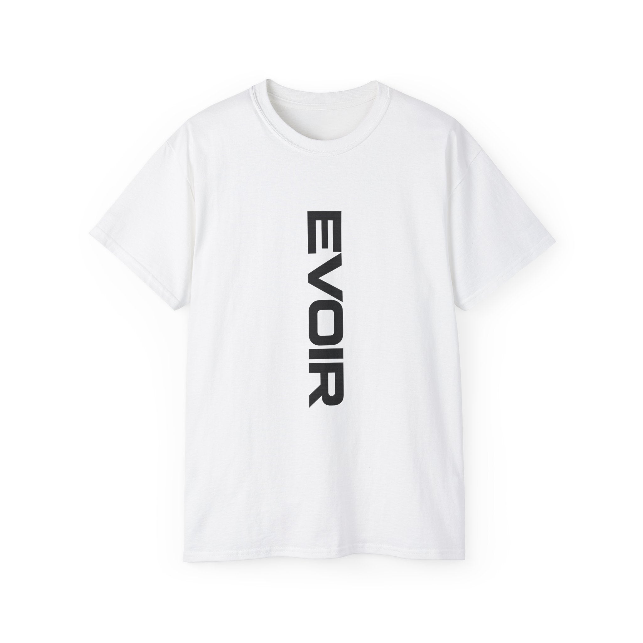 Vertical 'EVOIR' Logo Tee — Minimalist Graphic Cotton T-Shirt