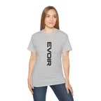 Vertical 'EVOIR' Logo Tee — Minimalist Graphic Cotton T-Shirt