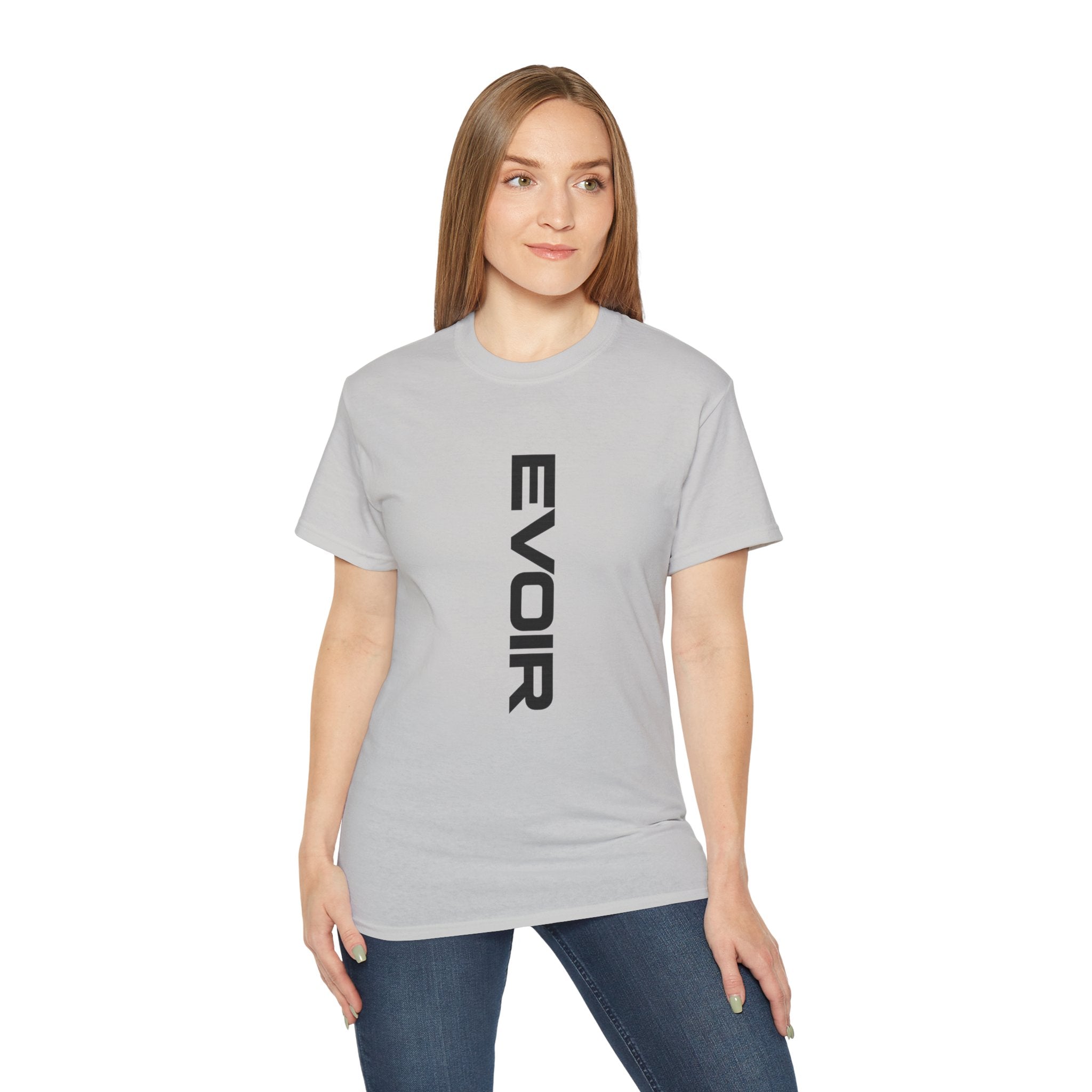 Vertical 'EVOIR' Logo Tee — Minimalist Graphic Cotton T-Shirt