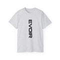 Vertical 'EVOIR' Logo Tee — Minimalist Graphic Cotton T-Shirt