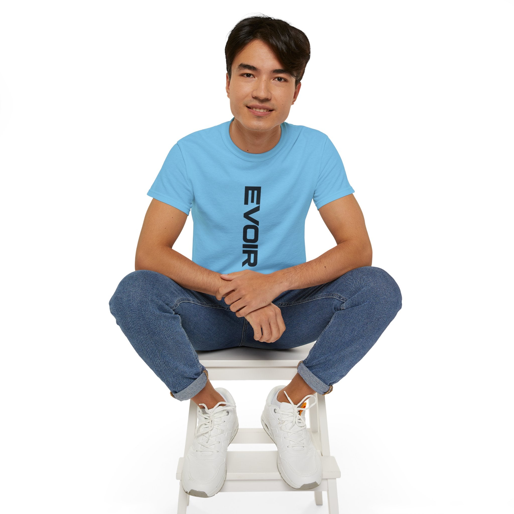Vertical 'EVOIR' Logo Tee — Minimalist Graphic Cotton T-Shirt