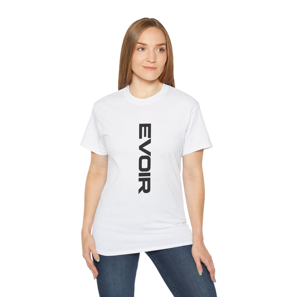 Vertical 'EVOIR' Logo Tee — Minimalist Graphic Cotton T-Shirt