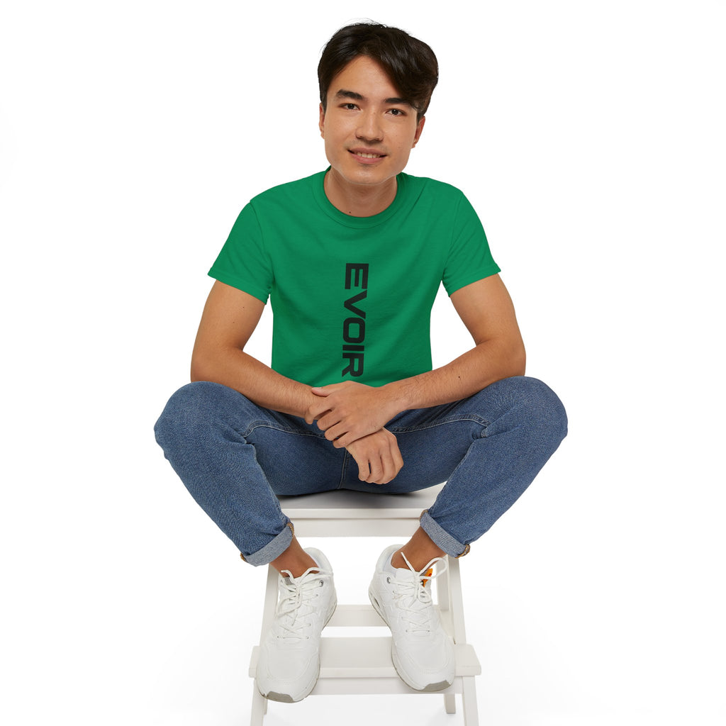 Vertical 'EVOIR' Logo Tee — Minimalist Graphic Cotton T-Shirt