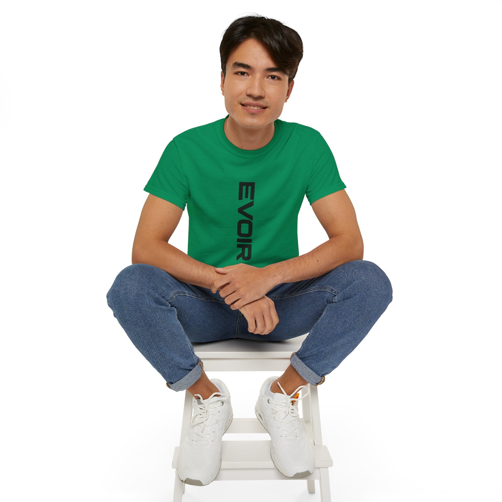 Vertical 'EVOIR' Logo Tee — Minimalist Graphic Cotton T-Shirt