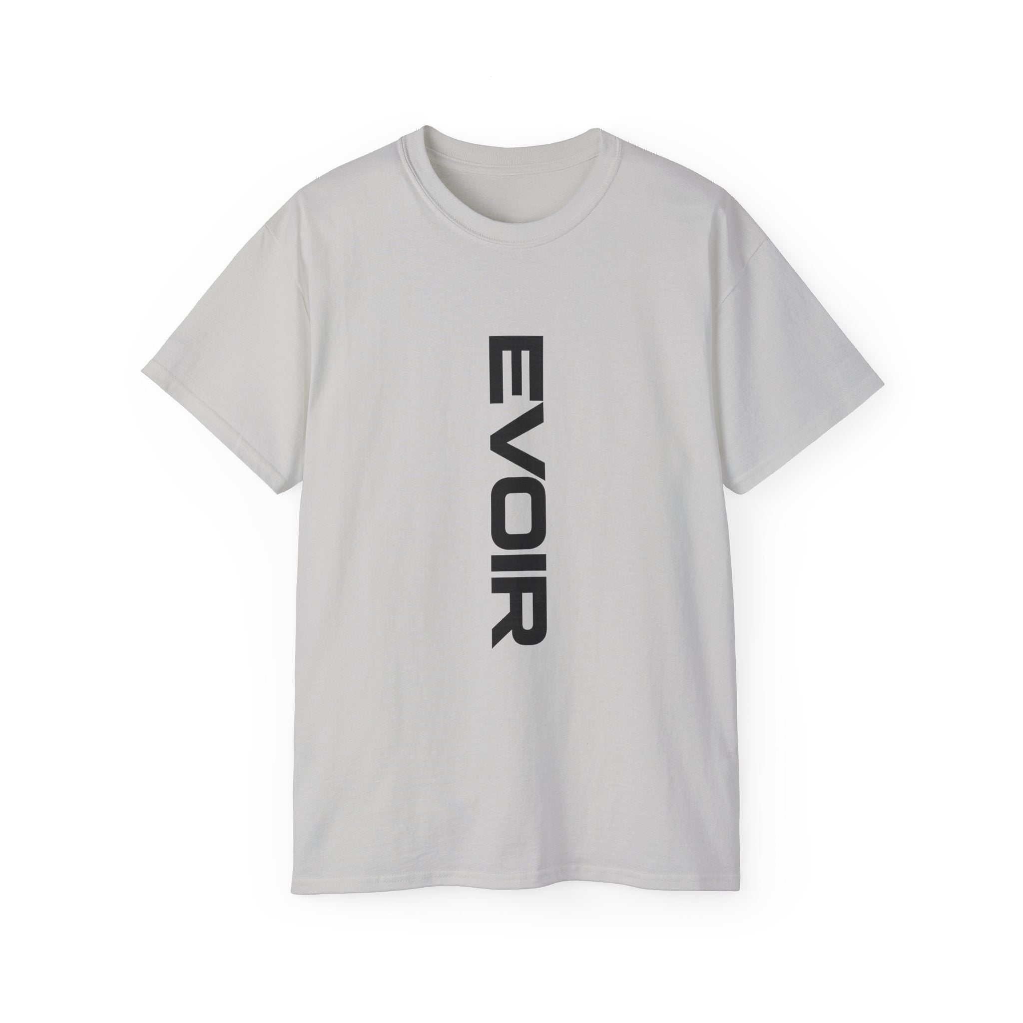 Vertical 'EVOIR' Logo Tee — Minimalist Graphic Cotton T-Shirt