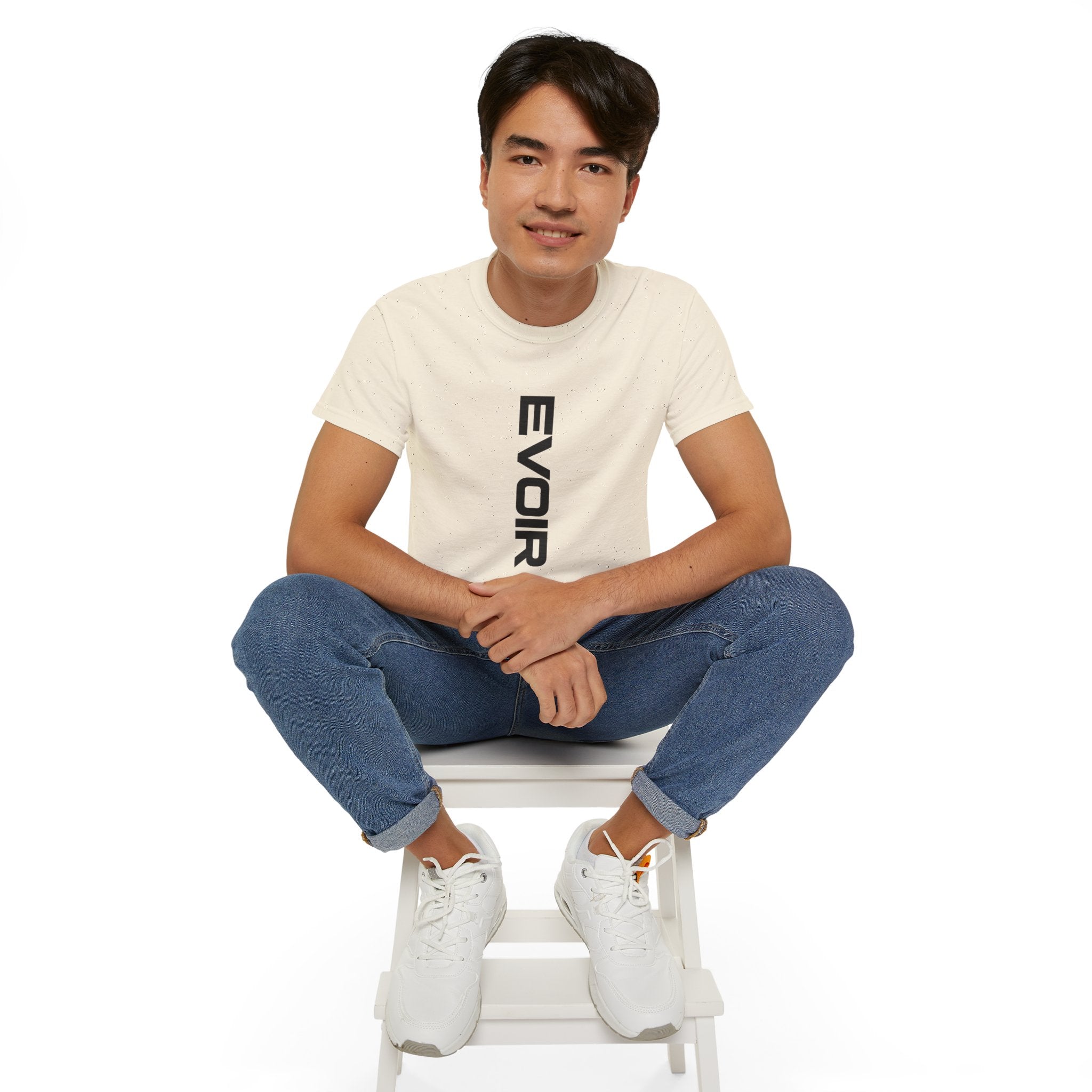 Vertical 'EVOIR' Logo Tee — Minimalist Graphic Cotton T-Shirt