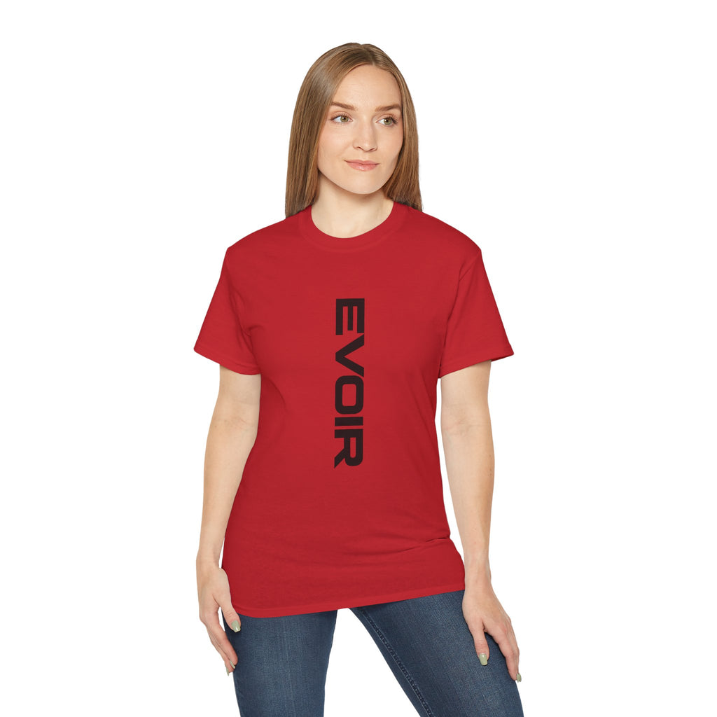 Vertical 'EVOIR' Logo Tee — Minimalist Graphic Cotton T-Shirt